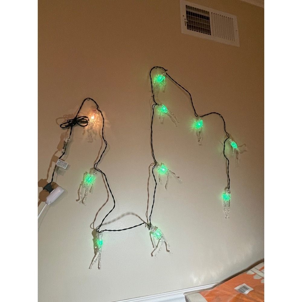 Halloween Skeleton String Lights 10 Count Green and White Glow Spooky Decor